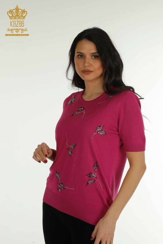 Wholesale Women's Knitwear Sweater American Model Fuchsia - 30649 | KAZEE