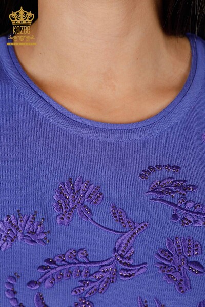 Wholesale Women's Knitwear Sweater American Model Flower Embroidered Stone - 16849 | KAZEE - Thumbnail