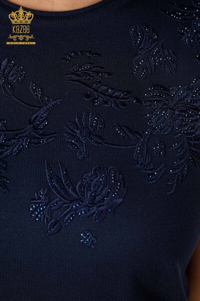 Wholesale Women's Knitwear Sweater American Model Flower Embroidered Stone - 16849 | KAZEE - Thumbnail