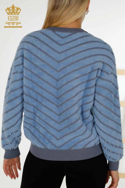 Wholesale Women's Knitwear Sweater - Angora Bead Embroidered - Blue - 30189 | KAZEE