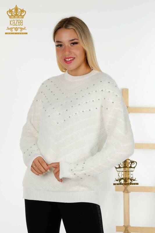 Wholesale Women's Knitwear Sweater - Angora - Bead Embroidered - Ecru - 30189 | KAZEE