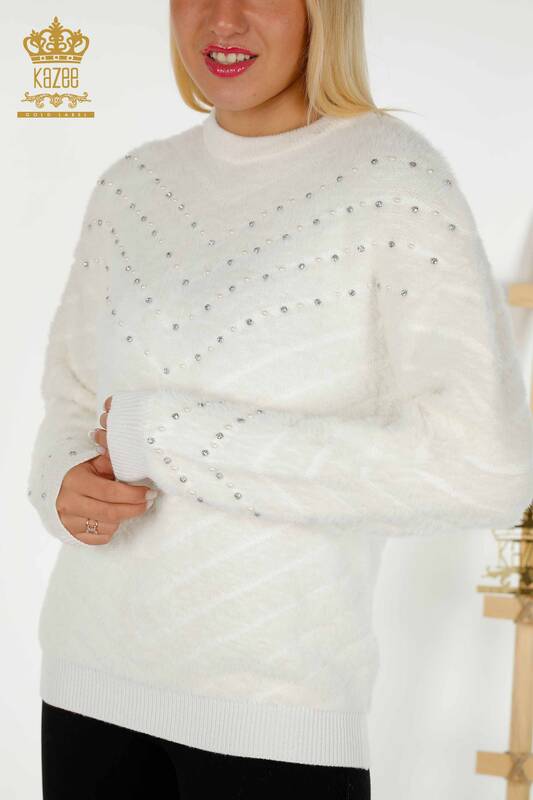 Wholesale Women's Knitwear Sweater - Angora - Bead Embroidered - Ecru - 30189 | KAZEE