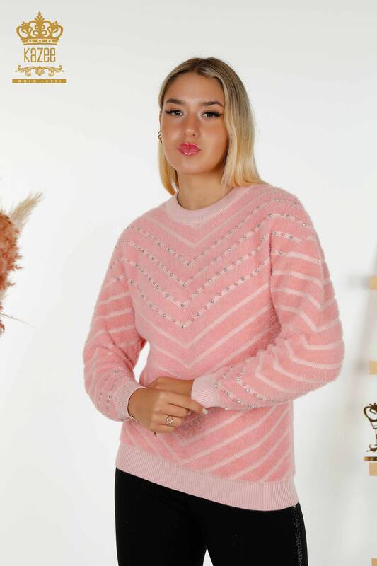 Wholesale Women's Knitwear Sweater - Angora - Bead Embroidered - Pink - 30189 | KAZEE