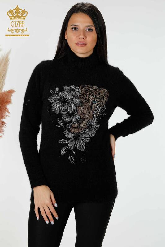 Wholesale Women's Knitwear Sweater Stone Embroidered Patterned Angora Black - 16993 | KAZEE