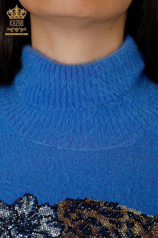 Wholesale Women's Knitwear Sweater Stone Embroidered Patterned Angora Blue - 16993 | KAZEE