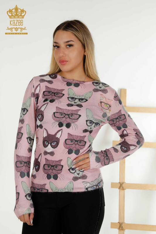 Wholesale Women's Knitwear Sweater Angora Crew Neck Pink - 18708 | KAZEE