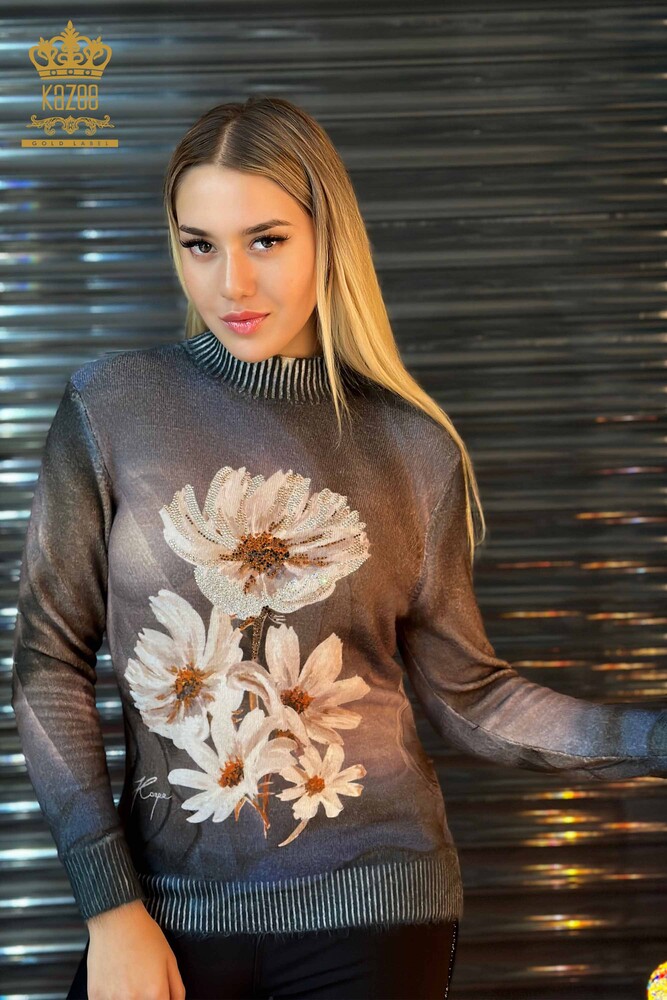 Wholesale Women's Knitwear Sweater Angora Digital Print Navy Blue - 18941 | KAZEE - 1