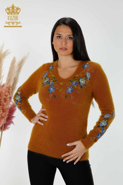 Wholesale Women's Knitwear Sweater Angora Floral Pattern Mustard - 18917 | KAZEE - Thumbnail