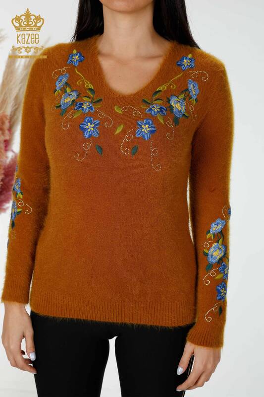 Wholesale Women's Knitwear Sweater Angora Floral Pattern Mustard - 18917 | KAZEE