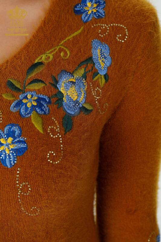 Wholesale Women's Knitwear Sweater Angora Floral Pattern Mustard - 18917 | KAZEE