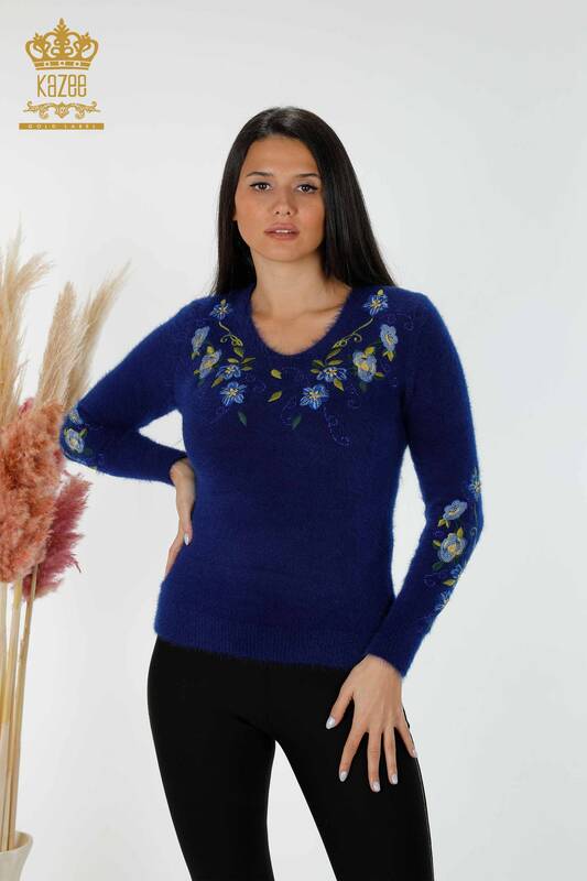 Wholesale Women's Knitwear Sweater Angora Floral Pattern Saks - 18917 | KAZEE