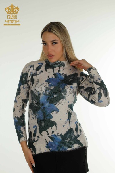 Wholesale Women's Knitwear Sweater Angora Flower Patterned Digital - 40037 | KAZEE