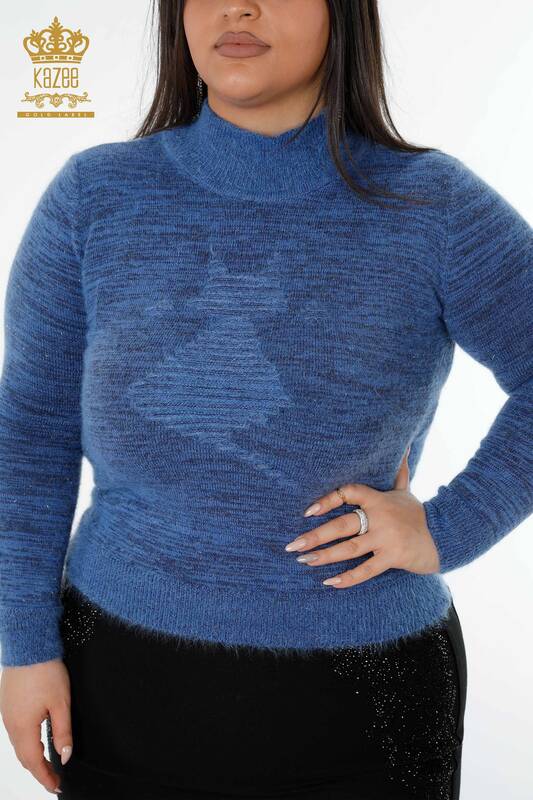 Wholesale Women's Knitwear Sweater Angora Stand Collar Blue - 19071 | KAZEE