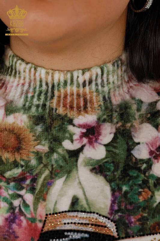 Wholesale Women's Knitwear Sweater Angora Standing Collar Floral Pattern - 18947 | KAZEE