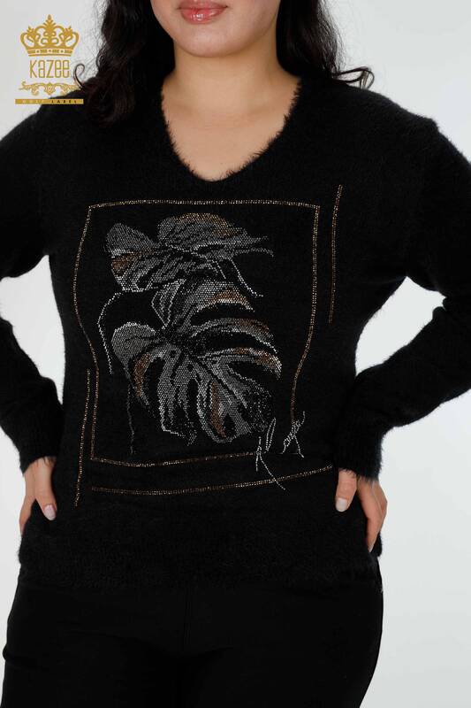 Wholesale Women's Knitwear Sweater Angora Patterned Black - 16995 | KAZEE