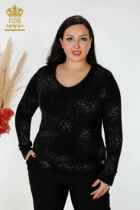 Wholesale Women's Knitwear Sweater Angora Patterned Black - 18983 | KAZEE