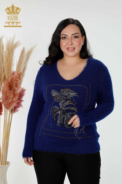 Wholesale Women's Knitwear Sweater Angora Patterned Dark Blue - 16995 | KAZEE - Thumbnail