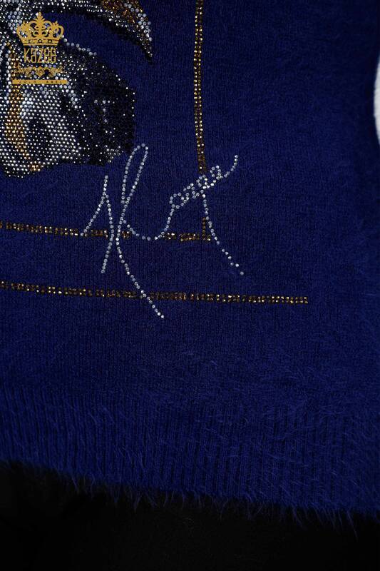 Wholesale Women's Knitwear Sweater Angora Patterned Dark Blue - 16995 | KAZEE