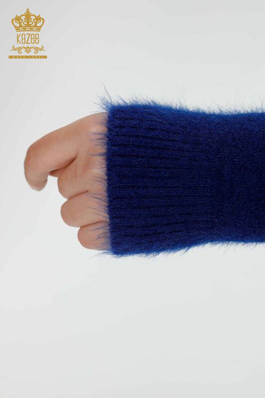 Wholesale Women's Knitwear Sweater Angora Patterned Dark Blue - 16995 | KAZEE
