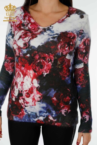 Wholesale Women's Knitwear Sweater Angora Pattern Red - 18966 | KAZEE - Thumbnail
