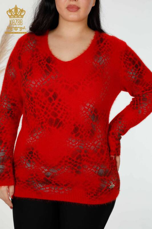 Wholesale Women's Knitwear Sweater Angora Pattern Red - 18980 | KAZEE