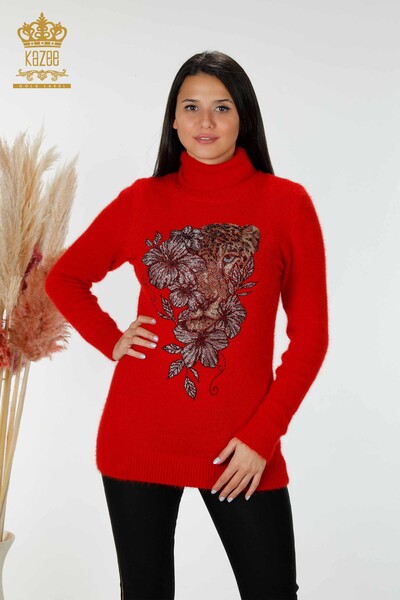 Wholesale Women's Knitwear Sweater Stone Embroidered Patterned Angora Red - 16993 | KAZEE - Thumbnail