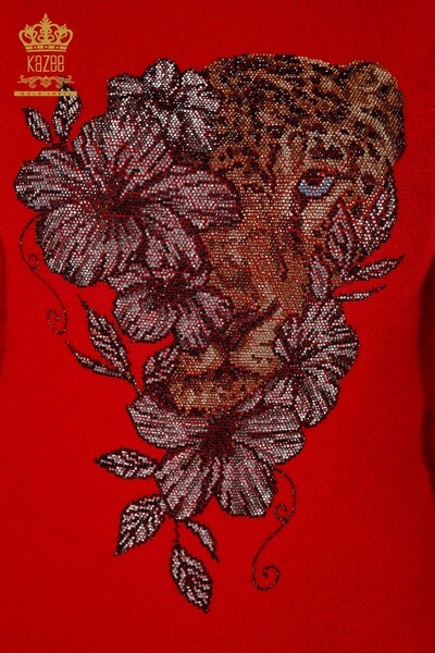 Wholesale Women's Knitwear Sweater Stone Embroidered Patterned Angora Red - 16993 | KAZEE - Thumbnail