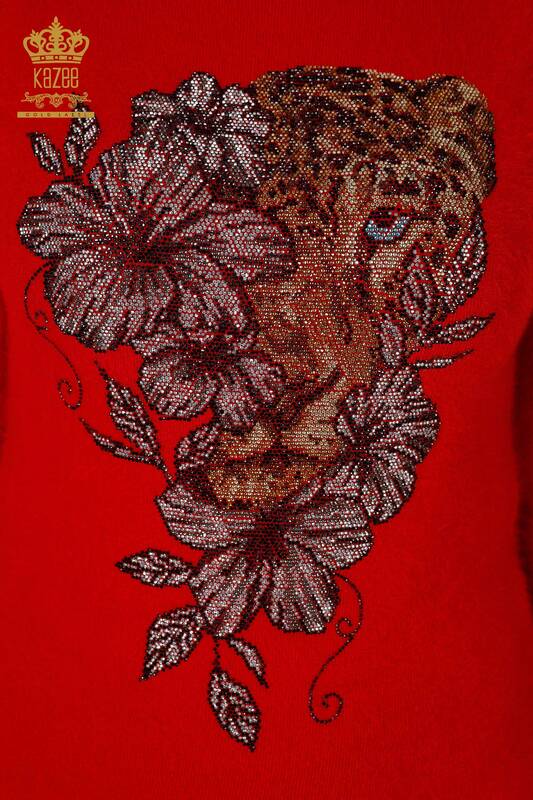 Wholesale Women's Knitwear Sweater Stone Embroidered Patterned Angora Red - 16993 | KAZEE