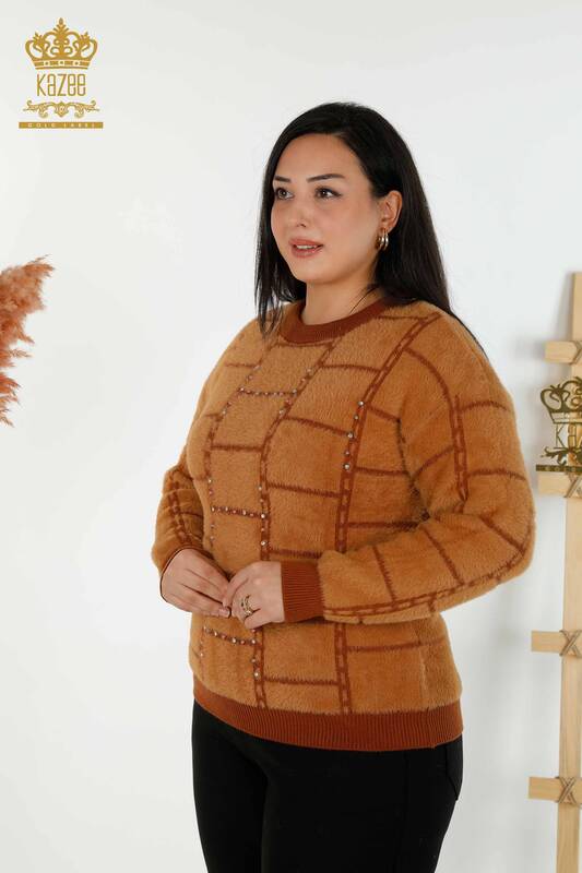 Wholesale Women's Knitwear Sweater Angora Stone Embroidered Brown - 30209 | KAZEE