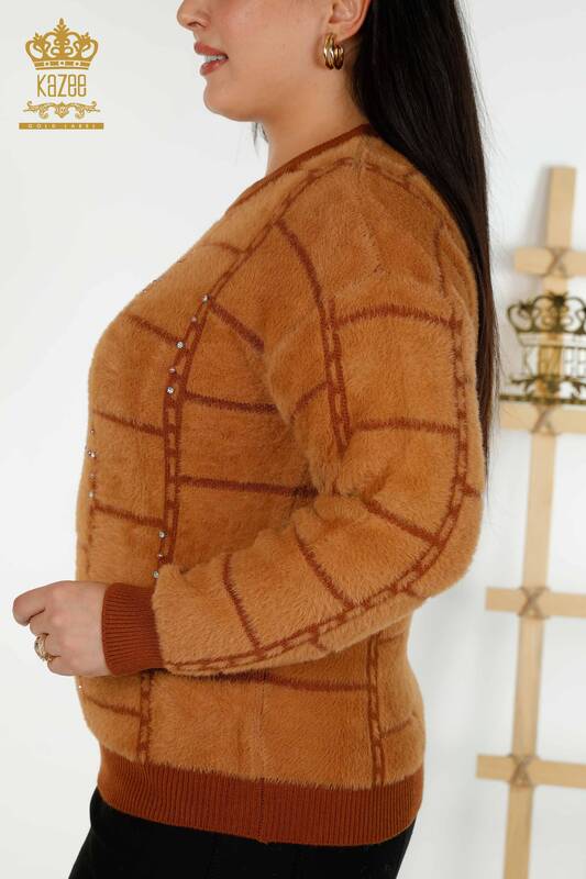 Wholesale Women's Knitwear Sweater Angora Stone Embroidered Brown - 30209 | KAZEE
