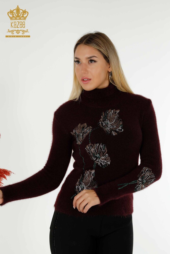 Wholesale Women's Knitwear Sweater Angora Stone Embroidered Plum - 18899 | KAZEE - 1