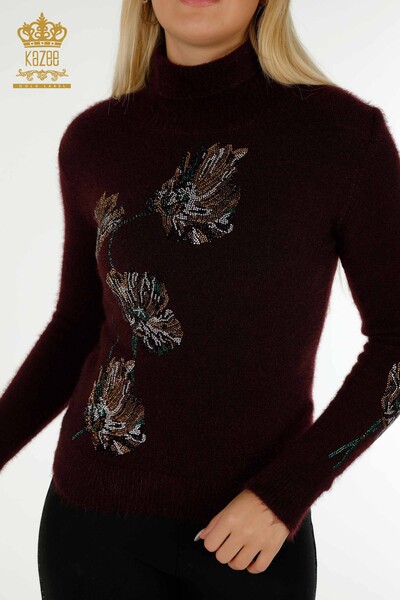 Wholesale Women's Knitwear Sweater Angora Stone Embroidered Plum - 18899 | KAZEE - 2