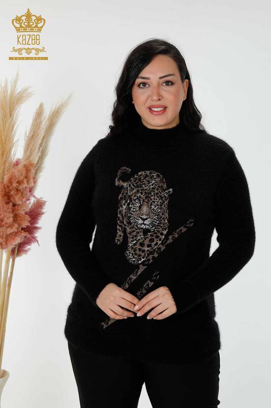Wholesale Women's Knitwear Sweater Angora Tiger Pattern Black - 18957 | KAZEE