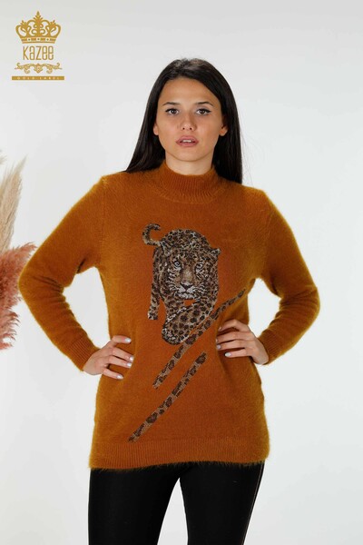 Wholesale Women's Knitwear Sweater Angora Tiger Pattern Mustard - 18957 | KAZEE - Thumbnail