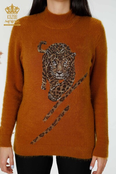 Wholesale Women's Knitwear Sweater Angora Tiger Pattern Mustard - 18957 | KAZEE - Thumbnail