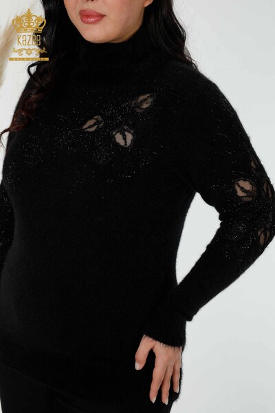 Wholesale Women's Knitwear Sweater Angora Tulle Detailed Black - 18920 | KAZEE - Thumbnail