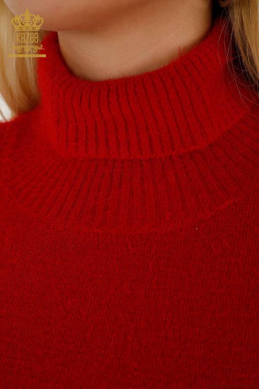 Wholesale Women's Knitwear Sweater Angora Turtleneck Red with Logo - 12046 | KAZEE
