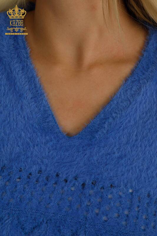 Wholesale Women's Knitwear Sweater Angora V Neck Blue - 30697 | KAZEE