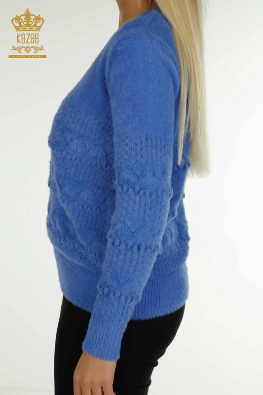 Wholesale Women's Knitwear Sweater Angora V Neck Blue - 30697 | KAZEE