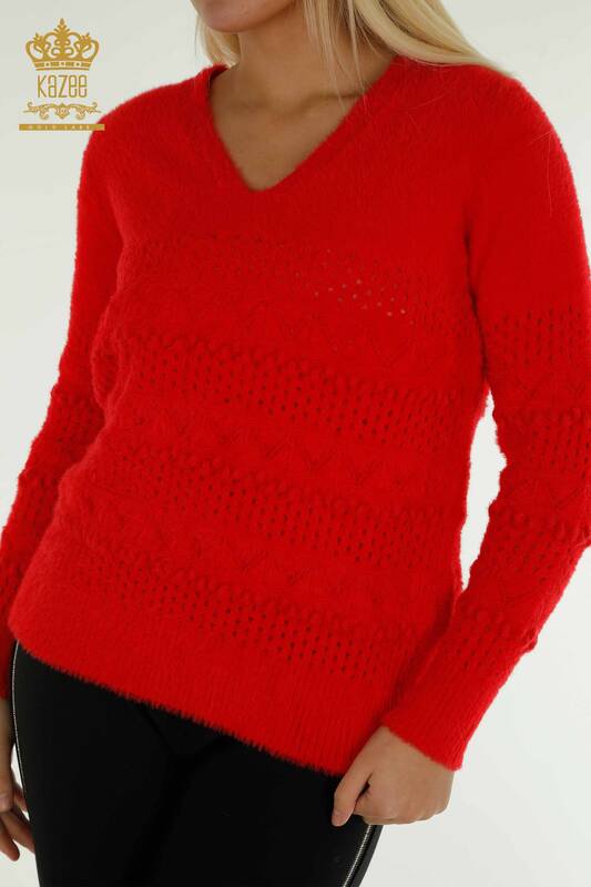 Wholesale Women's Knitwear Sweater Angora V Neck Red - 30697 | KAZEE