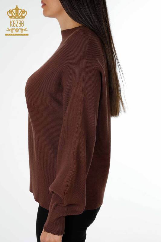 Wholesale Women's Knitwear Sweater Balloon Sleeve Brown - 15669 | KAZEE