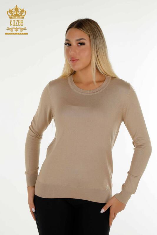 Wholesale Women's Knitwear Sweater Basic with Logo Beige - 11052 | KAZEE