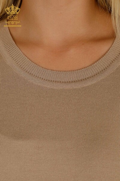Wholesale Women's Knitwear Sweater Basic with Logo Beige - 11052 | KAZEE - Thumbnail