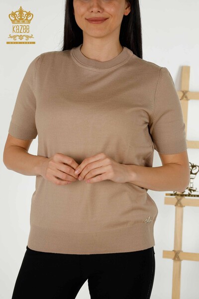 Wholesale Women's Knitwear Sweater - Basic - With Logo - Beige - 30254 | KAZEE - Thumbnail