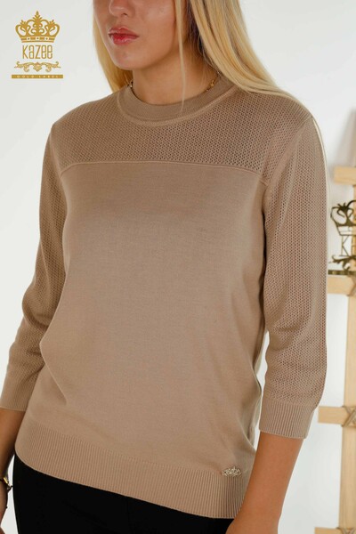Wholesale Women's Knitwear Sweater Basic Logo Beige - 30258 | KAZEE - Thumbnail