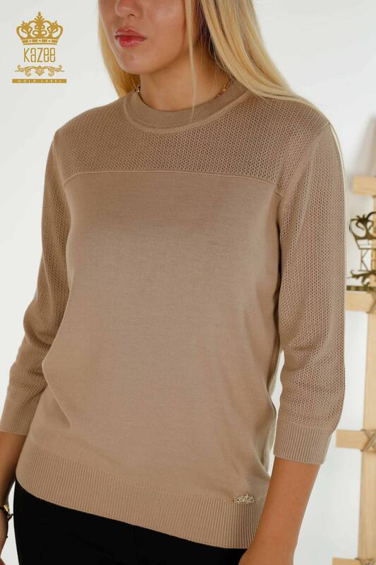 Wholesale Women's Knitwear Sweater Basic Logo Beige - 30258 | KAZEE