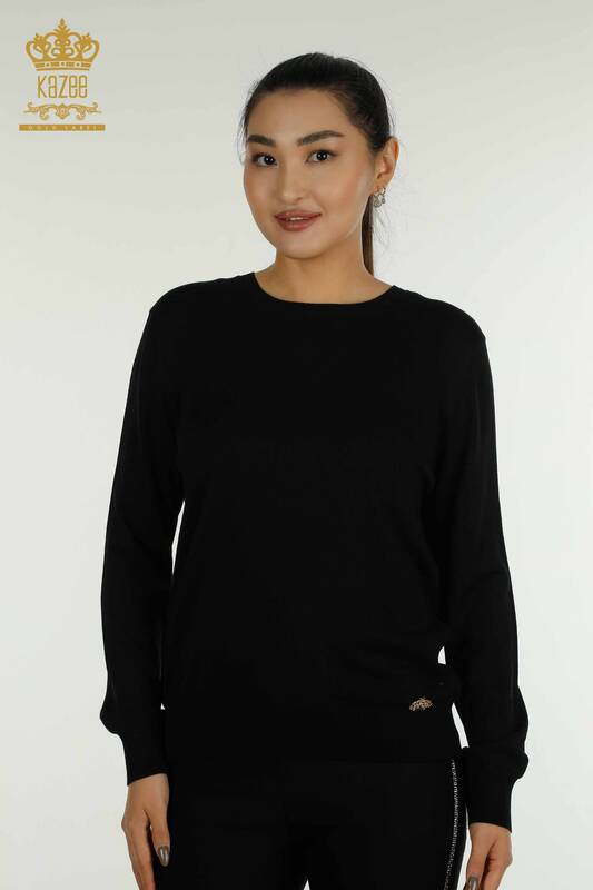Wholesale Women's Knitwear Sweater Basic with Logo Black - 11052 | KAZEE