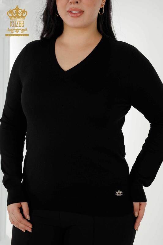 Wholesale Women's Knitwear Sweater Basic Logo Black - 30181 | KAZEE