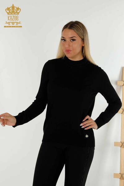 Wholesale Women's Knitwear Sweater Basic with Logo Black - 30253 | KAZEE - Thumbnail