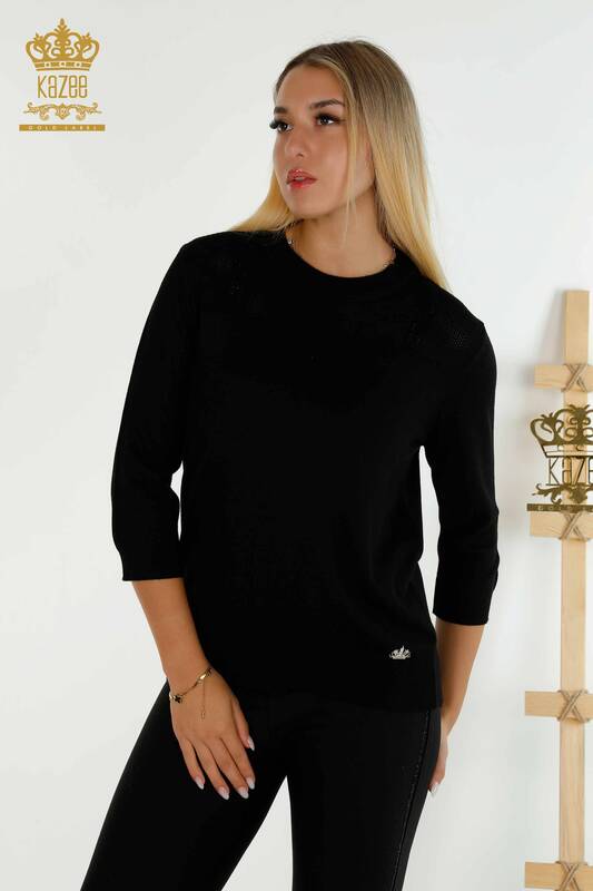 Wholesale Women's Knitwear Sweater Basic with Logo Black - 30258 | KAZEE